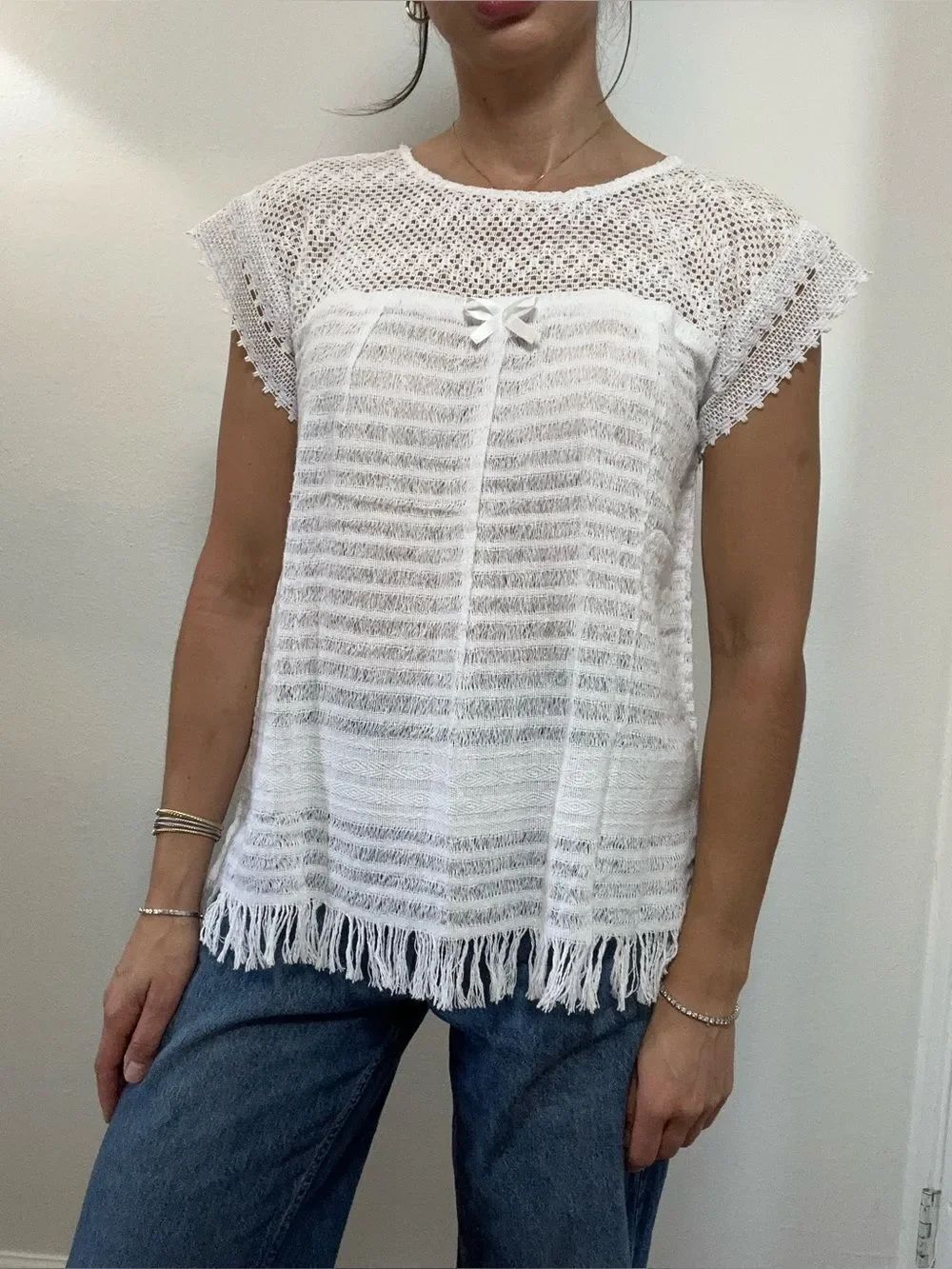 Vintage White Crochet Knit Boho Fringe Short-Sleeve Top Size S